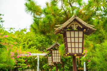 Fototapeta na wymiar japanese style wooden lamps inside Khanh An monastery, Ho Chi Minh city, Vietnam - little Japan in Saigon. Travel and landscape concept.