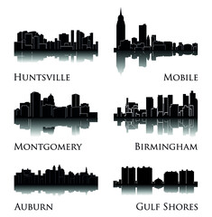 Set of 6 city silhouette in Alabama ( Huntsville, Gulf Shores, Montgomery, Birmingham, Auburn, Mobile ) - obrazy, fototapety, plakaty