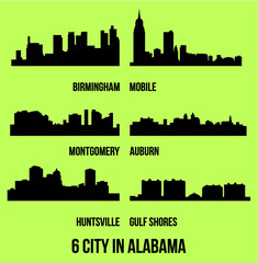 Naklejka premium Set of 6 city silhouette in Alabama ( Huntsville, Gulf Shores, Montgomery, Birmingham, Auburn, Mobile )