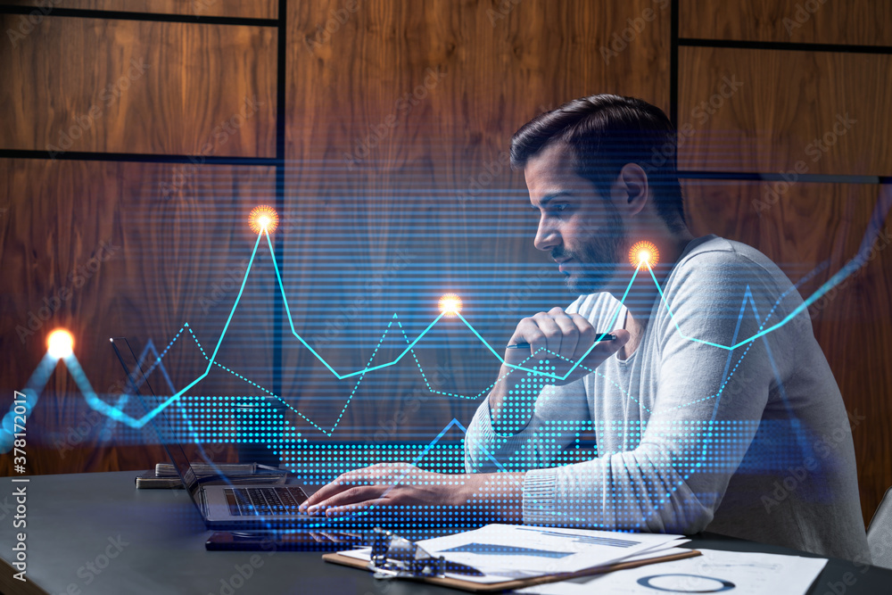 Poster a serious caucasian analyst in casual wears, using laptop to proceed the forecast of behavioral stat