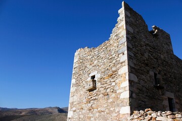 Stone tower at the medieval village of Vathia in southeastern Laconia, Peloponnese region, Greece.