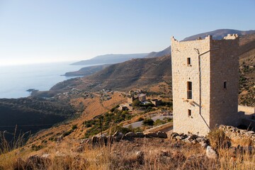 Stone tower at the medieval village of Vathia in southeastern Laconia, Peloponnese region, Greece.