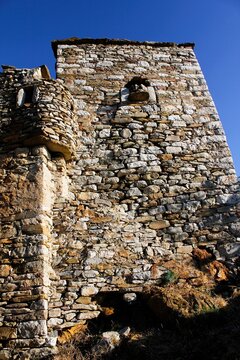 Stone tower at the medieval village of Vathia in southeastern Laconia, Peloponnese region, Greece.