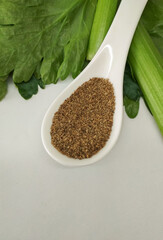 celery seeds, stem and leaves of organic celery on porcelain spoon on white background with copy space