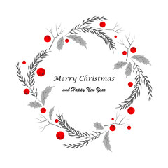 Merry Christmas wreath with seasonal branches, leaves and berries, greeting card template with a sample of text in modern style