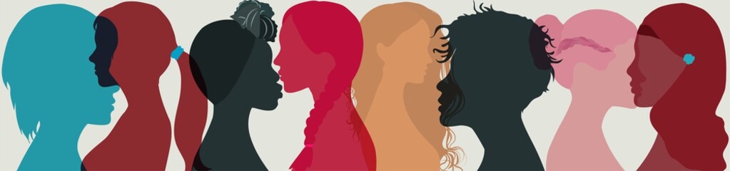 Group multi-ethnic and international women and girl who communicate and share information. Head face silhouette profile. Social network female community. Friendship of diverse cultures