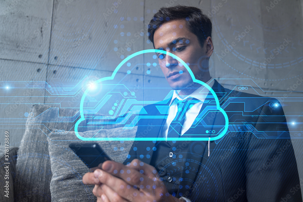 Poster businessman in office working with smartphone, it cloud hologram to optimize the working process, ty