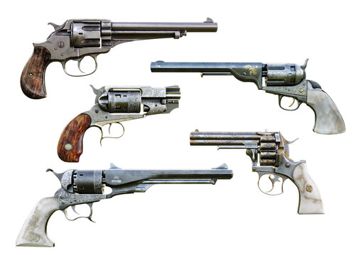 Western cowboy pistol booster pack 2 is a collection of assorted deadly and elegant hand gun firearms on a isolated white background. 3d rendering 