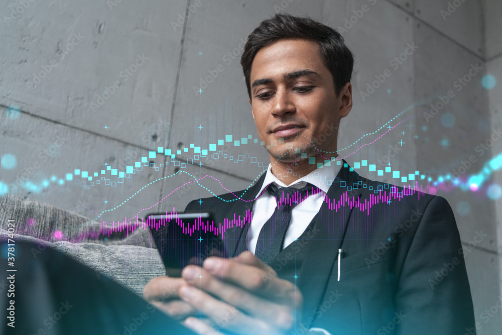 Poster trader in office working with smartphone, forex graph hologram to analyze market behavior, typing ph