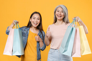 Cheerful family two asian female women girls mother and daughter in casual clothes posing hold...
