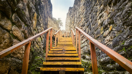 entrance stairway to kuelap fortress in chachapoyas peru