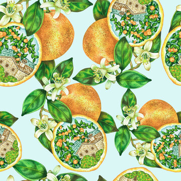 Floral pattern. Watercolor hand drawn illustration of orange tree with flowers and colorful landscape. Majorca, Spain, Italy nature. Organic fruit, lemon, citrus. Tropical vintage background.