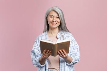 Smiling cheerful charming gray-haired asian woman wearing basic white checkered shirt standing...