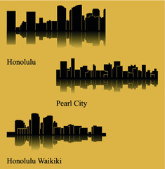 Set of 3 City Silhouette in Hawaii ( Honolulu, Waikiki, Pearl City ) 