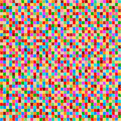 A pattern of many small multi-colored squares of bright colors with ragged edges. Background made of colorful strokes. Vector illustration