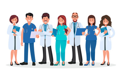 Team doctors on a white background. Vector illustration.
