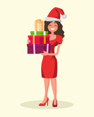 Beautiful woman dressed in a christmas hat and a red dress is holding presents. New Year sales.