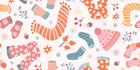 Autumn Hygge border pattern design . Vector winter and Fall seamless repeat background.