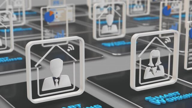 grid of smartphones with icons of business people, charts and financial reports, concept of smart working (3d render)