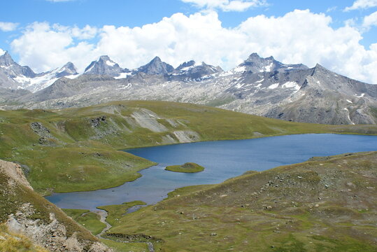 Colle del Nivolet, Piedmont (Italy): panoramic view of the lake and the mountains