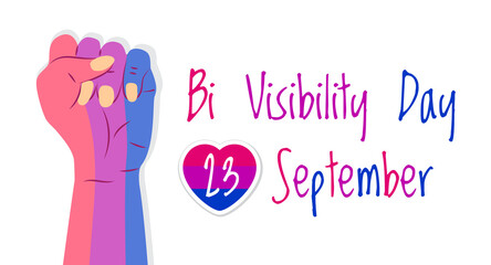 Bisexuality day concept vector. Hand is painted in bisexual pride colors. Heart with pink stripes and 23 September is written. Bi visibility day illustration