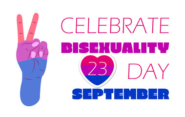 Bisexuality day concept vector. Hand is painted in bisexual pride colors. Heart with pink stripes and 23 September is written. Bi visibility day illustration