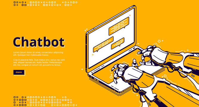 Chatbot With Artificial Intelligence Typing Message In Support Chat. Virtual Assistant With Ai, Digital Service For Online Communication. Vector Landing Page With Isometric Robot Hands And Laptop