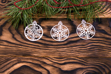 Christmas and New Year composition. Pine branches and original Christmas balls. Christmas...