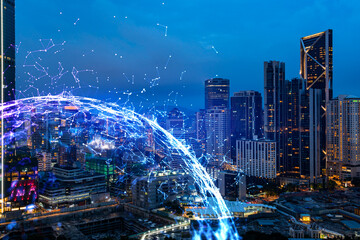 Abstract technology icons, night aerial panoramic cityscape of Kuala Lumpur, Malaysia, Asia. The concept of innovative approach to optimize international business process. Double exposure.