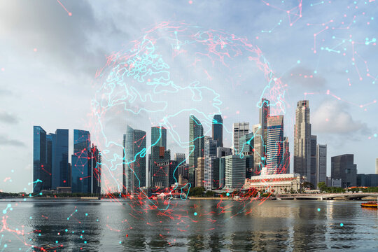 World planet Earth map hologram over panorama city view of Singapore, Asia. The concept of international connections and business. Multi Exposure. © VideoFlow