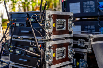 Boxes for equipment. Preparation for a concert. Portable equipment for concert. Closeup.