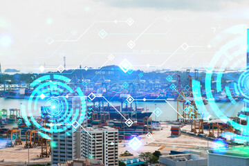 Technology hologram over panorama city view of Singapore. The largest tech hub in Asia. The concept of developing coding and high-tech science. Double exposure.