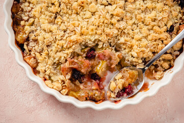 Delicious apple and blackberry crumble with oat