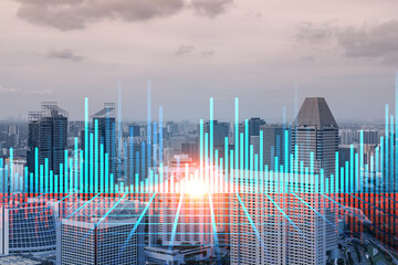 Glowing FOREX graph hologram, aerial panoramic cityscape of Singapore at sunset. Stock and bond trading in Asia. The concept of fund management. Double exposure.