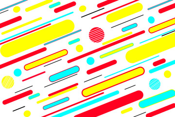 Memphis pattern colors abstract vector design, colorful geometric background. Abstract red, yellow and azure blue memphis style artistic backdrop, creative diagonal motion lines vector wallpaper