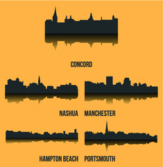 Set of 5 city silhouette in New Hampshire ( Concord, Nashua, Manchester, Hampton Beach, Portsmouth )
