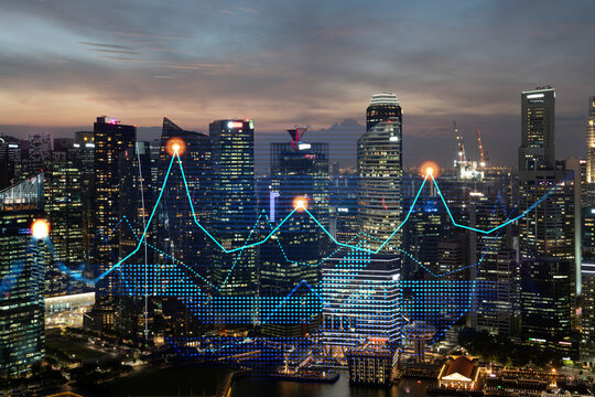 Market behavior graph hologram, sunset panoramic city view of Singapore, popular location to achieve financial degree in Asia. The concept of financial data analysis. Double exposure.