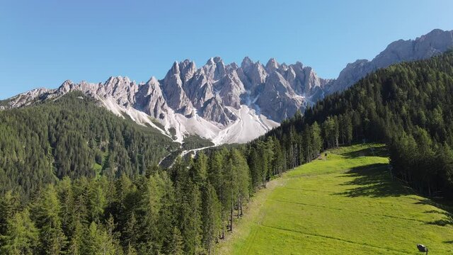 4k video of a ski resort during the summer, with ski slopes, chairlifts, green meadows, games for children, grazing horses and the refuge