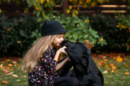 Young girl in black hat and autumn dress kissing black labrador retriever. Fall background.
