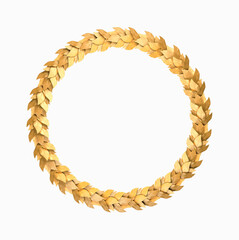 Elegant round Golden Laurel wreath . Isolated on a white background. 3D rendering and illustration