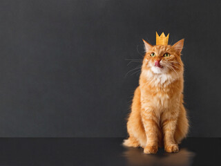 Cute ginger cat with awesome expression on face and golden crown on head posing like lion. Fluffy...