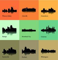 Fototapeta premium Set of 9 city silhouette in North Carolina ( Morehead City, Charlotte, Asheville, Wilmington, Winston-Salem, Greensboro, Durham, Fayetteville )