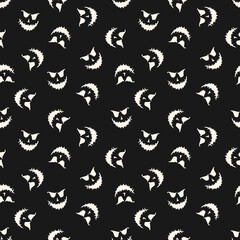 Halloween vector seamless pattern. Black and white abstract texture with scary pumpkin face, Jack o lantern silhouette. Simple doodle style monochrome background. Creepy dark design for print, decor