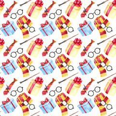Watercolor seamless pattern with gift