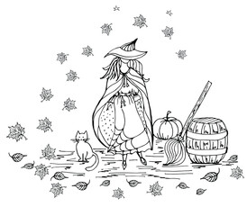 Halloween coloring book with a girl in a costume with a spider web pattern, a hat, keys, a broom, a cat, a barrel and maple leaves. Vector anti-stress illustration for books, postcards, games, posters