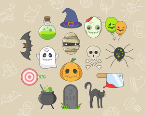 Halloween holiday Icons set - Vector color symbols and outline of pumpkin, ghost, bat, spider, skull, cat and others for the site or interface