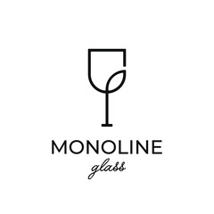 wine glass and leaf simple monoline logo / icon design vector template 