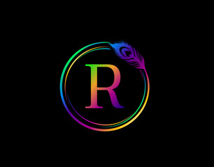 R Letter Decorated With Hologram Color Peacock Feather. Circle Badge With Peacock Feather.