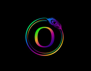 O Letter Decorated With Hologram Color Peacock Feather. Circle Badge With Peacock Feather.