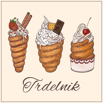 Vector illustration of trdelnik set. Graphic hand drawn color style. Traditional national Czech dessert, European street food.